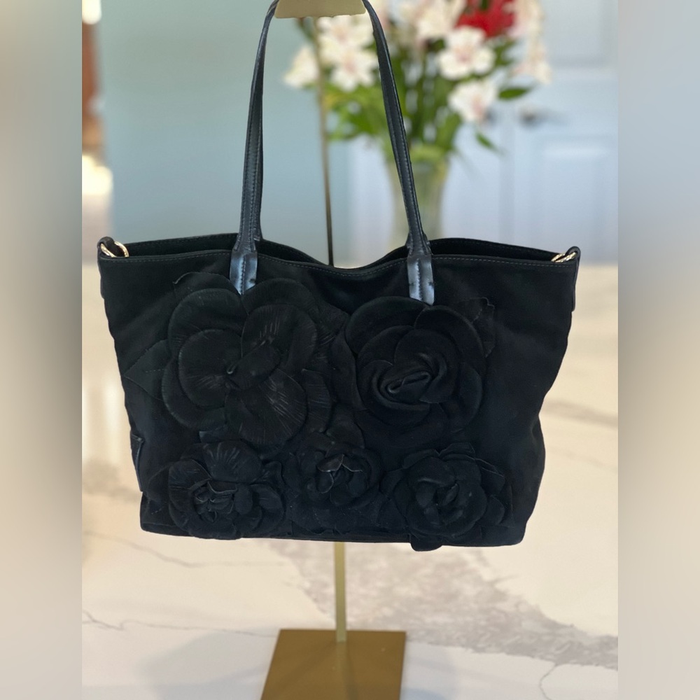 Valentino Black Suede Floral Appliqué Tote with Certificate of Authenticity 🌸